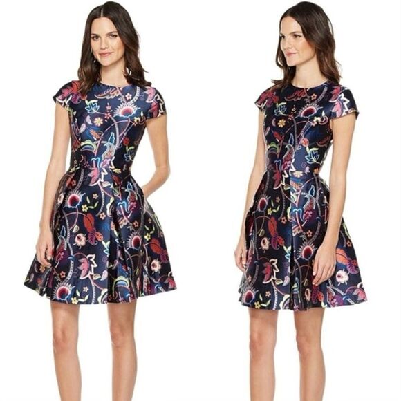 Ted Baker Pluxam Mini Blue Dress Folk Foliage Skater Size 2